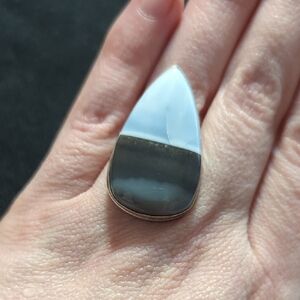 Silver Plated Blue Grey Owyhee Opal Gemstone Teardrop Statement Ring - Size 6.75